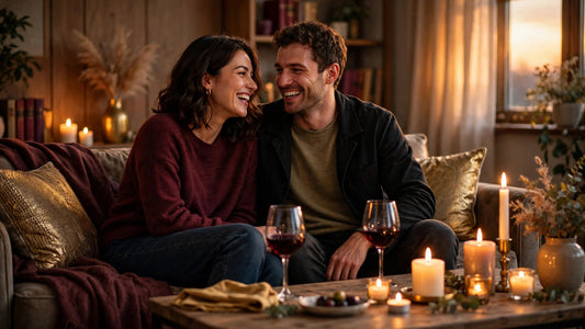 A couple laughing and talking together on a couch by candlelight