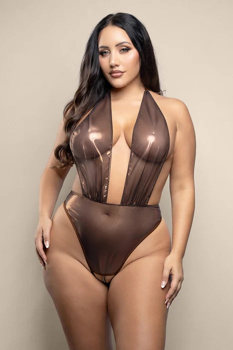 Fantasy Lingerie Opulence Crotchless Pearl Plunge Halter Teddy with Adjustable Pearl G-String Chocolate M/L